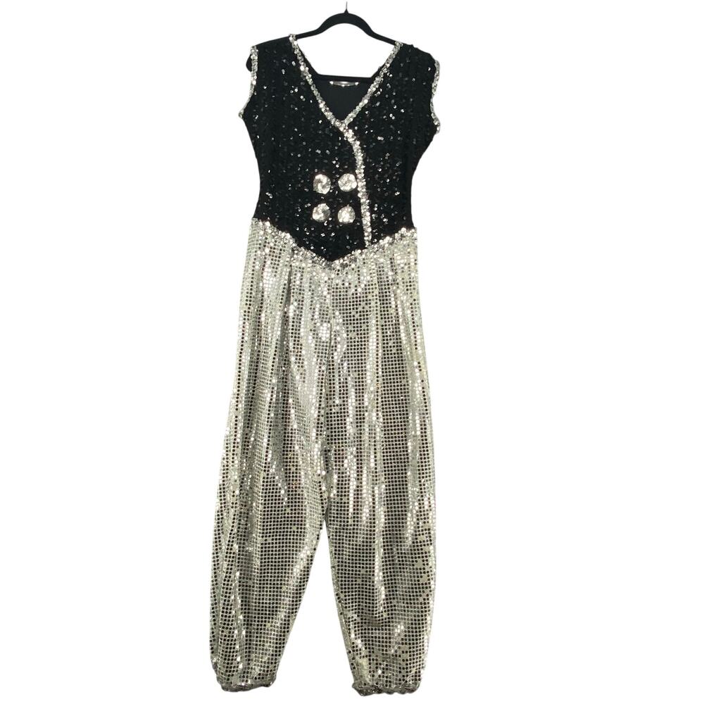 Art Stone Dance Costume Black‎ Silver Jumpsuit Womens L Sleeveless Sequin Stage